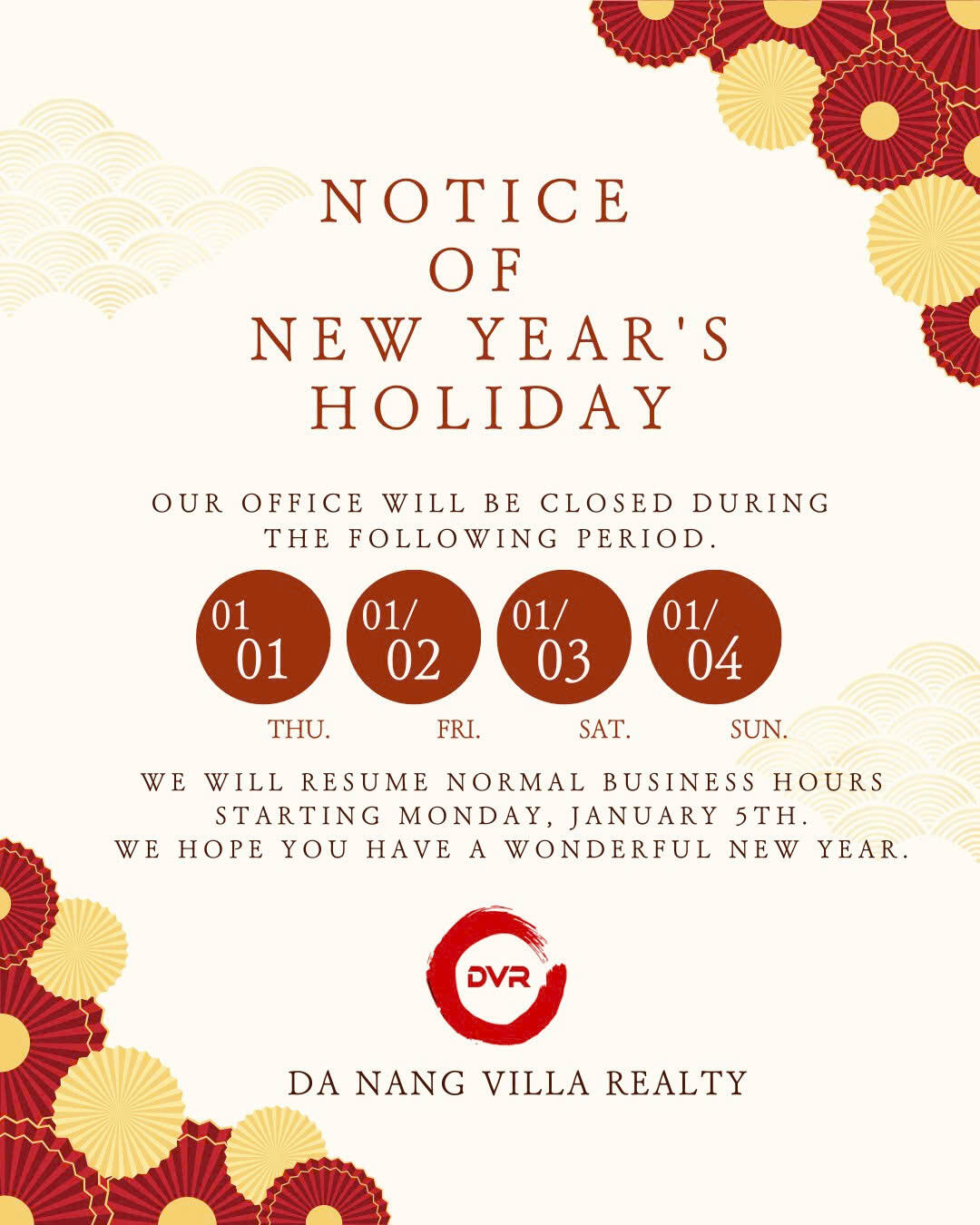 Notice of Office Closure During New Year Holidays January 1st through January 4th